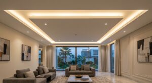 Floating false ceiling with hidden LED perimeter lighting in a modern UAE villa