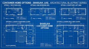 Floor plan options for container homes in Sharjah including studio, one-bedroom and courtyard layouts