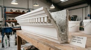 Freshly cast GRG cornices in a workshop showing glass fibre reinforced gypsum layers and crisp detail