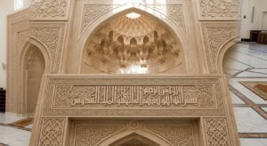 GRC mihrab surround with muqarnas hood and Kufic calligraphy band in a Dubai mosque