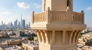 GRC minaret crown with balcony parapet and bracketed cornice against the Dubai skyline