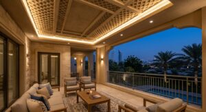 GRC soffit on a covered villa terrace, a weather-resistant false ceiling design for Dubai