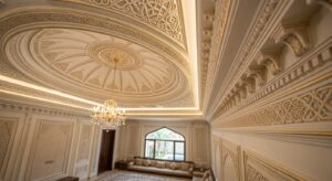 Glass reinforced gypsum GRG decorative dome and cornice in a luxury villa majlis in Dubai