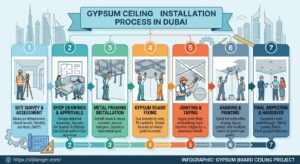 Infographic of the seven main steps in a gypsum board ceiling installation project in Dubai