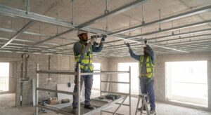 Installers fixing galvanised steel framing for a gypsum board ceiling in a Dubai villa
