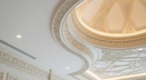 Luxury ceiling combining gypsum board and GRG cornice with decorative dome in a Dubai interior