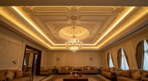 Luxury villa majlis with decorative false ceiling, chandelier and warm cove lighting in Dubai