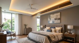 Master bedroom false ceiling with soft perimeter cove lighting and wood accent in a modern villa