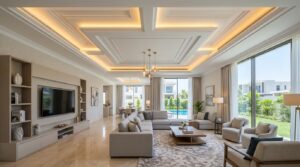 Modern Dubai villa living room with layered gypsum false ceiling and warm cove lighting
