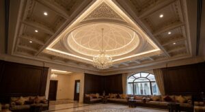 Ornate coffered GRG false ceiling with decorative cornice in a luxury villa majlis