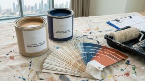 Paint tins and colour swatches used to estimate painting contractor prices in Dubai homes