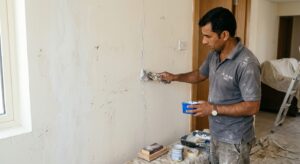 Painter filling wall cracks during preparation, a key factor in painting contractor prices in Dubai