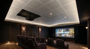 Perforated acoustic false ceiling designs in a villa home theatre with recessed lighting