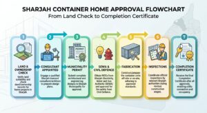 Sharjah container home approval flowchart from land check to completion certificate