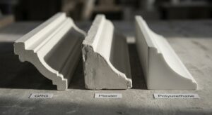 Side-by-side samples of GRG cornices, plaster, and polyurethane mouldings showing detail differences
