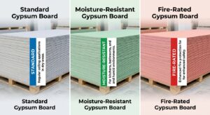 Standard, moisture-resistant, and fire-rated gypsum boards compared side by side for Dubai ceilings Suggested file name gypsum-board-types-dubai-comparison.webp