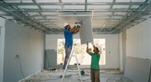 Steel framing and gypsum board installation for false ceiling designs in a UAE villa