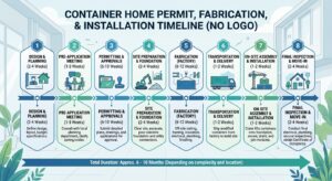 Timeline infographic of container home permit, fabrication and installation stages in Sharjah
